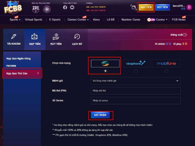Những lưu ý khi nạp tiền vào tài khoản FCB8